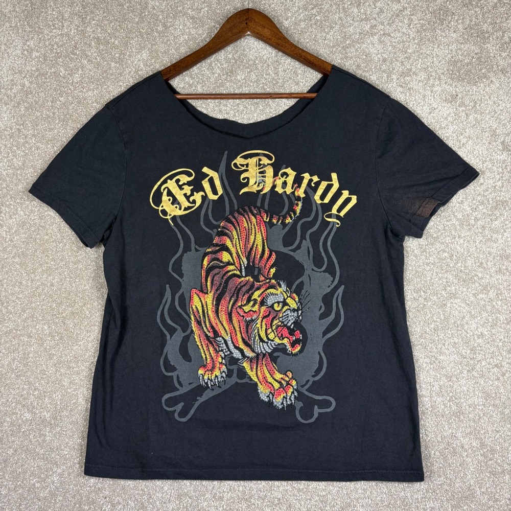 Ed Hardy Tiger Rhinestone Graphic Tee Black DIY Neckline Y2K Streetwear